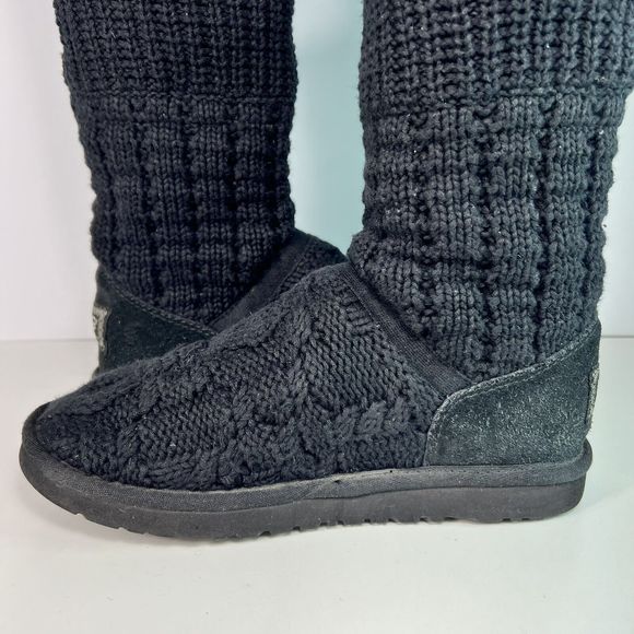 UGG Australia Boots Women's Sz 7 Black Gray Buttons Foldover Cable Knit - Picture 10 of 16